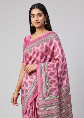 Pink Printed Silk Saree Without Blouse Piece