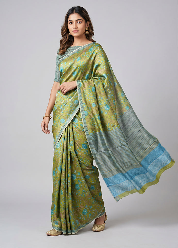 Green Printed Silk Saree Without Blouse Piece