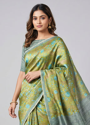 Green Printed Silk Saree Without Blouse Piece