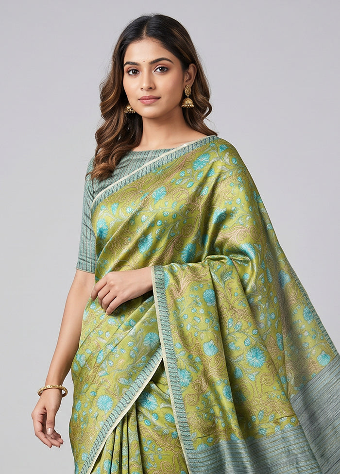 Green Printed Silk Saree Without Blouse Piece