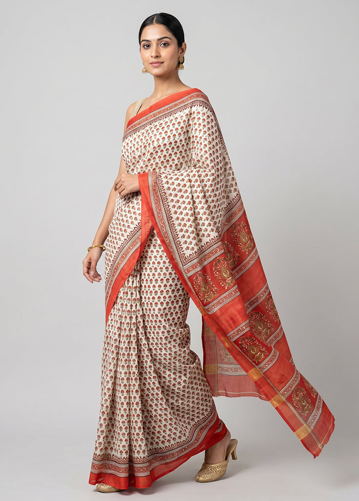 White Printed Silk Saree Without Blouse Piece