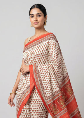 White Printed Silk Saree Without Blouse Piece