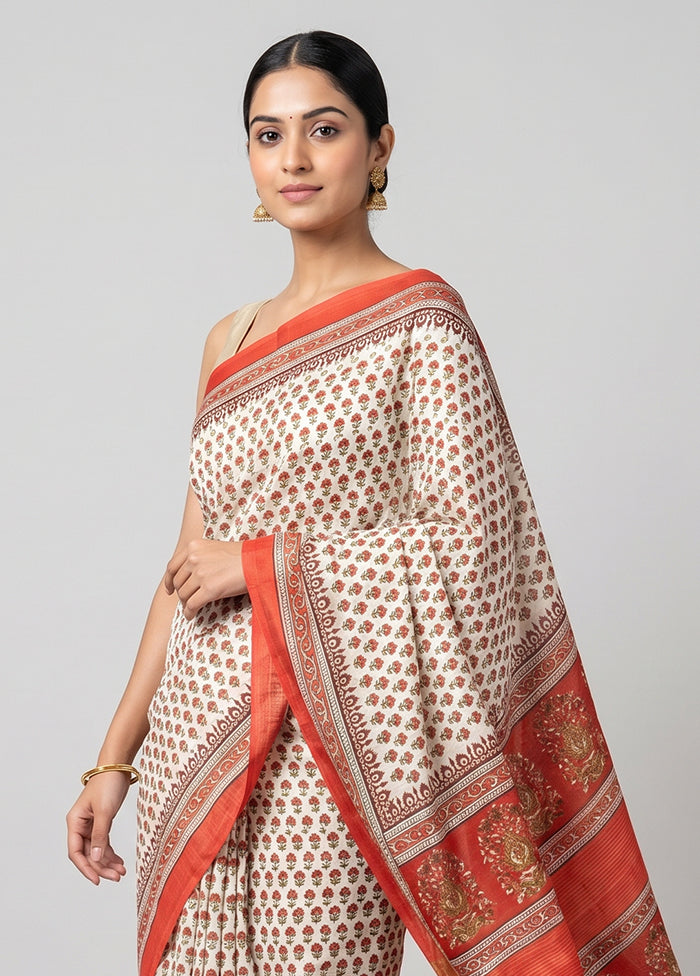 White Printed Silk Saree Without Blouse Piece