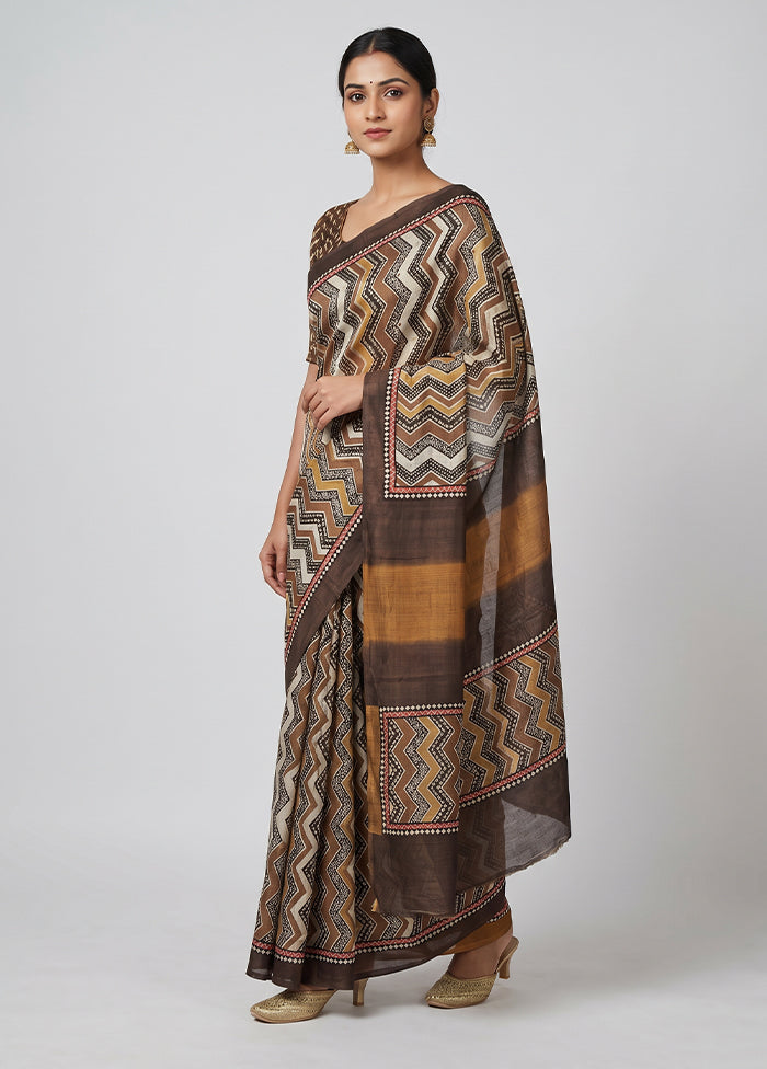 Cream Printed Silk Saree Without Blouse Piece