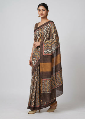 Cream Printed Silk Saree Without Blouse Piece