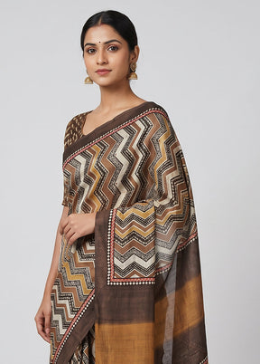 Cream Printed Silk Saree Without Blouse Piece