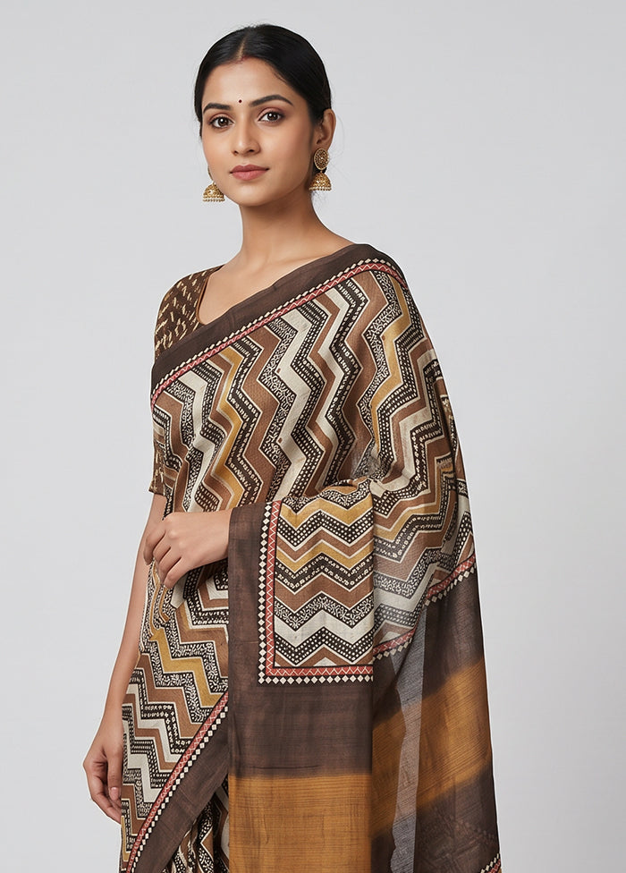 Cream Printed Silk Saree Without Blouse Piece