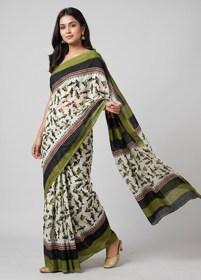 White Printed Silk Saree Without Blouse Piece