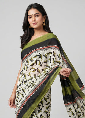 White Printed Silk Saree Without Blouse Piece
