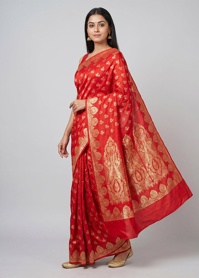 Red Banarasi Silk Saree With Blouse Piece