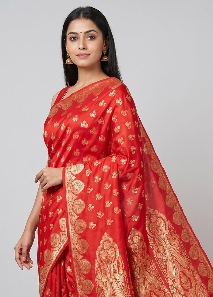 Red Banarasi Silk Saree With Blouse Piece