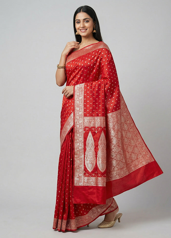 Red Banarasi Silk Saree With Blouse Piece