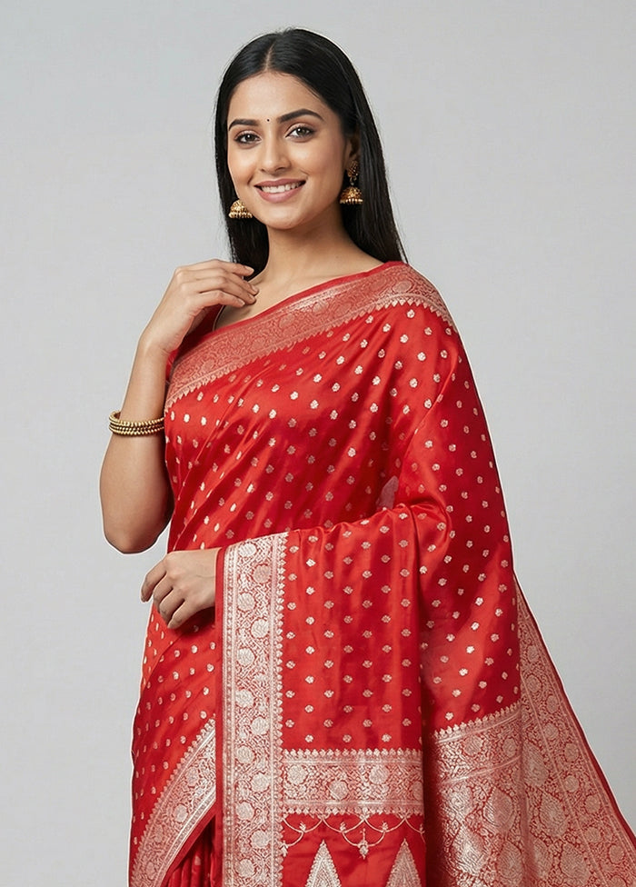 Red Banarasi Silk Saree With Blouse Piece