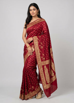 Maroon Banarasi Silk Saree With Blouse Piece