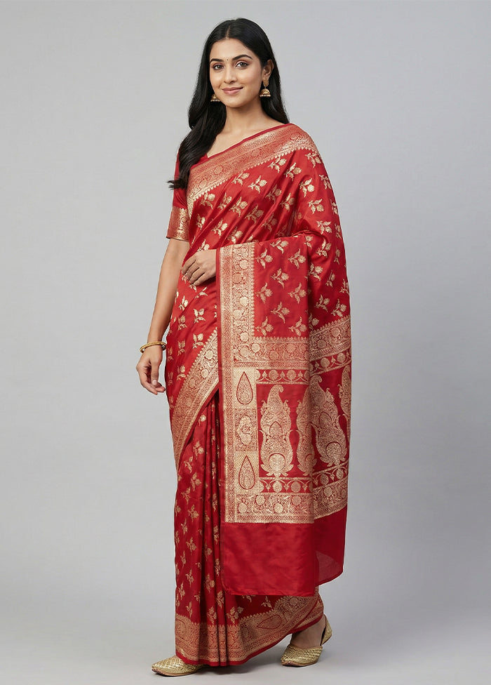 Red Banarasi Silk Saree With Blouse Piece