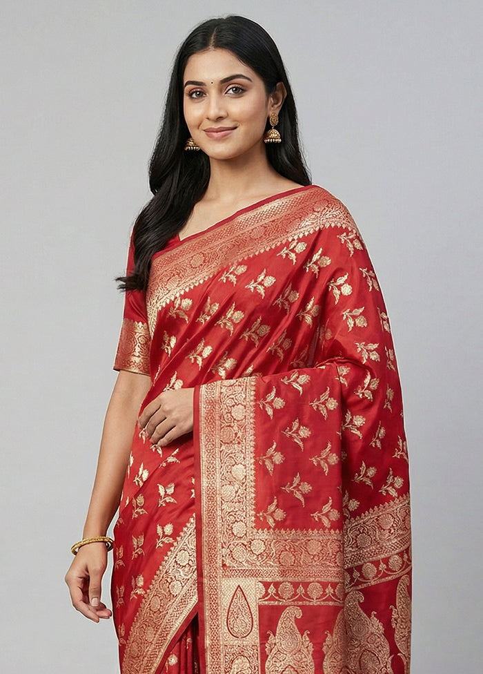 Red Banarasi Silk Saree With Blouse Piece