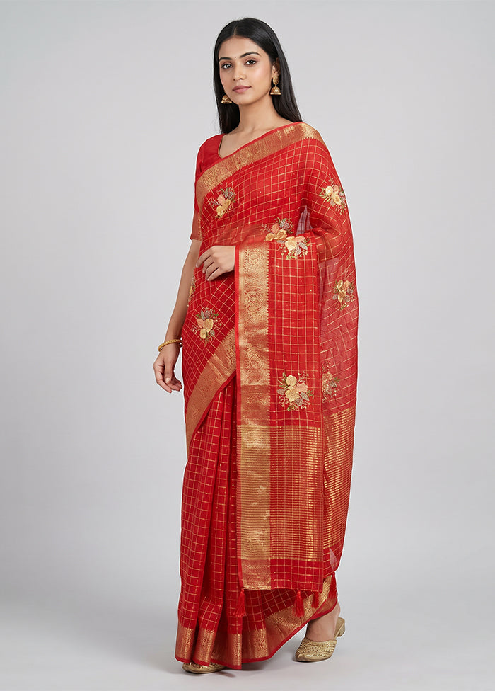 Red Chiffon Silk Saree With Blouse Piece