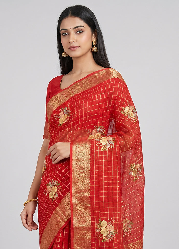 Red Chiffon Silk Saree With Blouse Piece