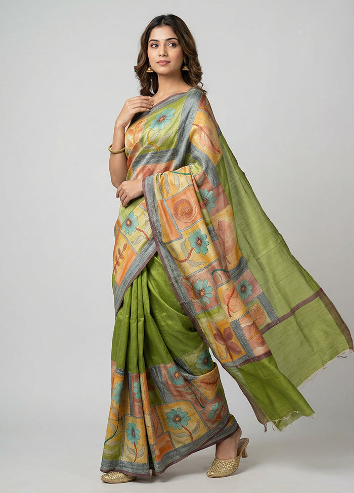Multicolor Handloom Tussar Pure Silk Saree With Blouse Piece