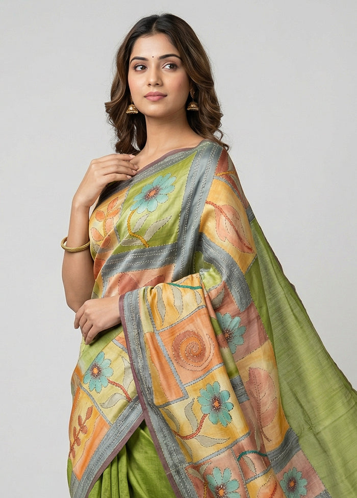 Multicolor Handloom Tussar Pure Silk Saree With Blouse Piece