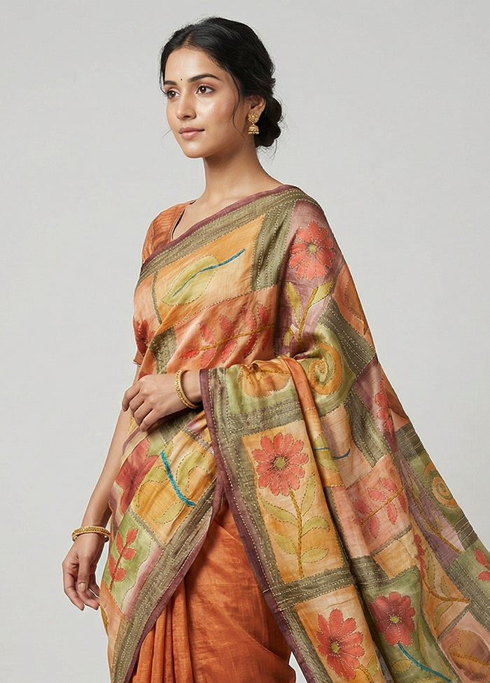 Multicolor Handloom Tussar Pure Silk Saree With Blouse Piece