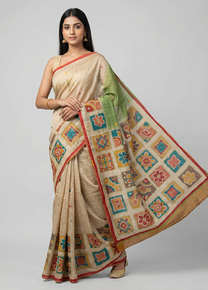 Multicolor Handloom Tussar Pure Silk Saree With Blouse Piece