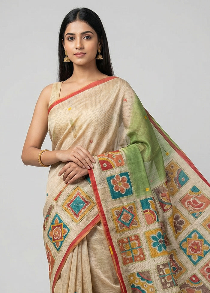 Multicolor Handloom Tussar Pure Silk Saree With Blouse Piece