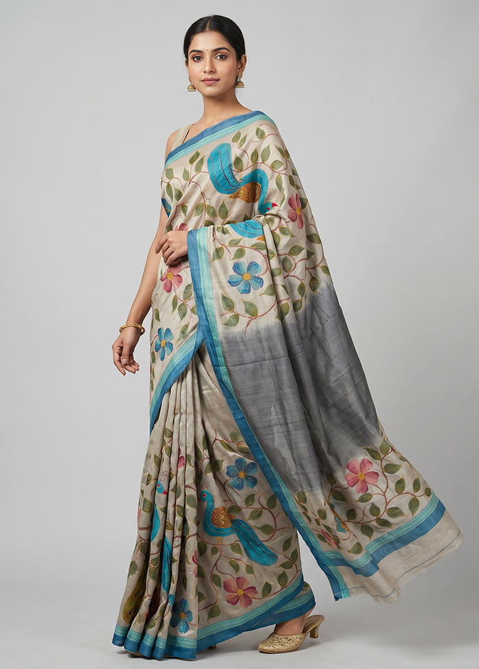 Multicolor Handloom Tussar Pure Silk Saree With Blouse Piece