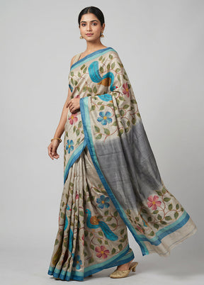 Multicolor Handloom Tussar Pure Silk Saree With Blouse Piece