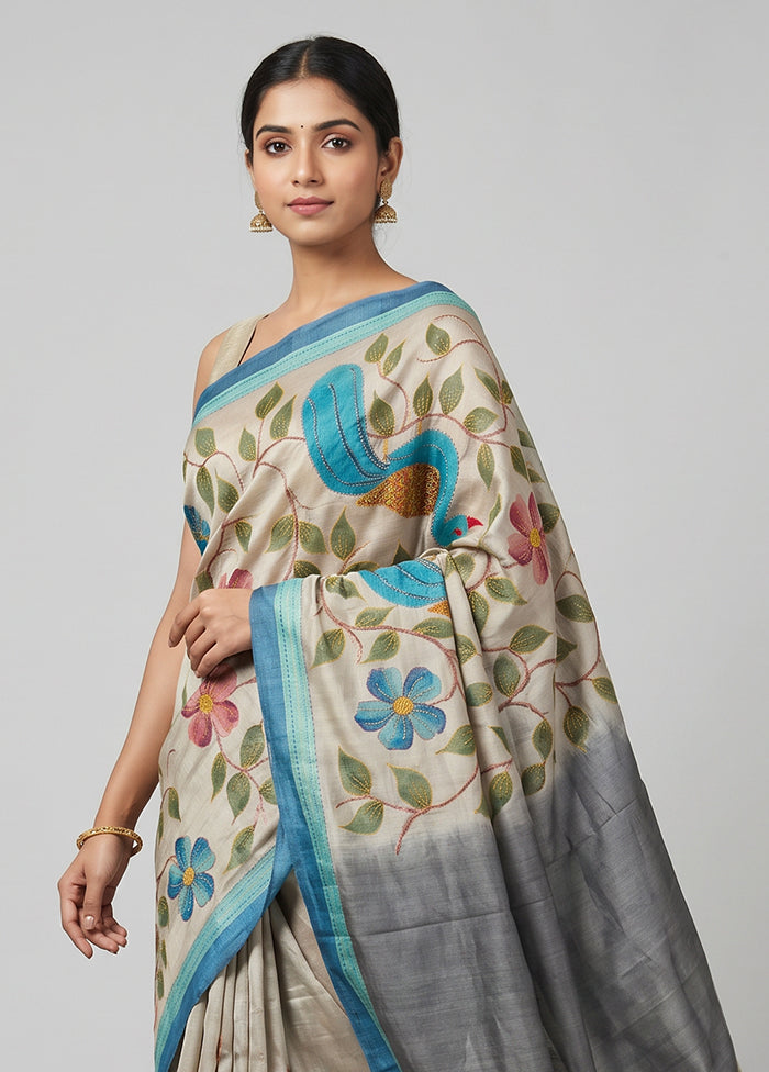 Multicolor Handloom Tussar Pure Silk Saree With Blouse Piece