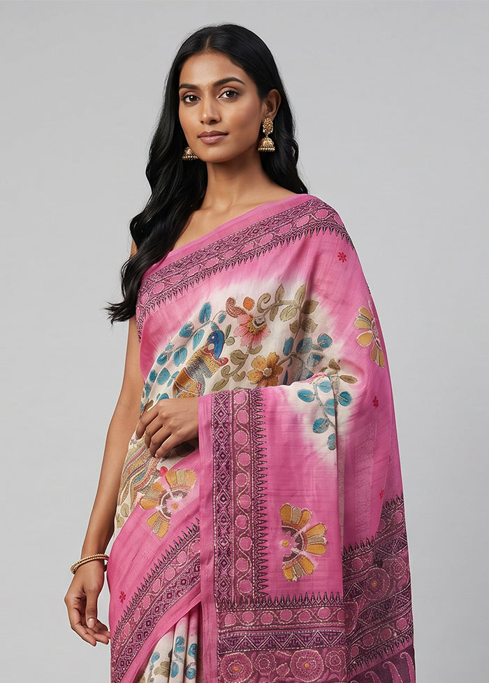 Multicolor Handloom Tussar Pure Silk Saree With Blouse Piece