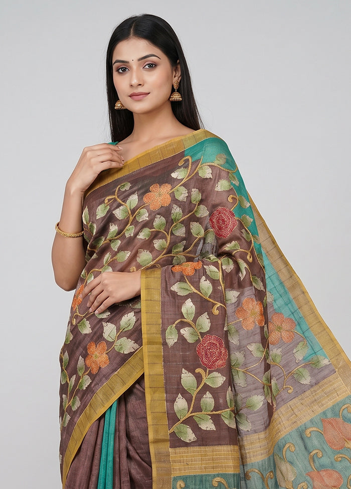 Multicolor Handloom Tussar Pure Silk Saree With Blouse Piece