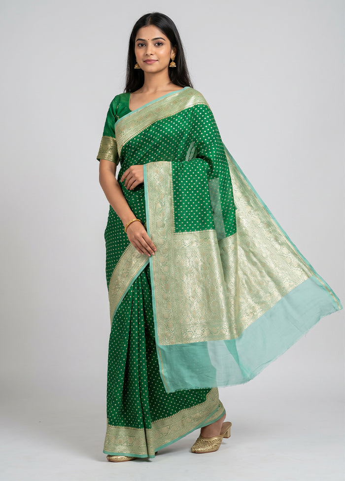 Green Handloom Pure Georgette Saree With Blouse Piece