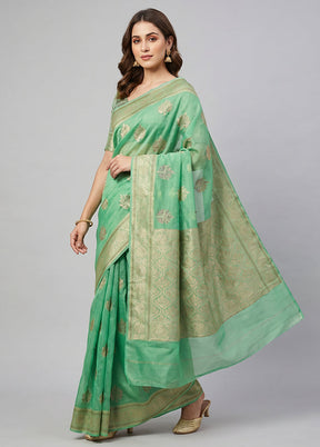 Green Handloom Pure Georgette Saree With Blouse Piece