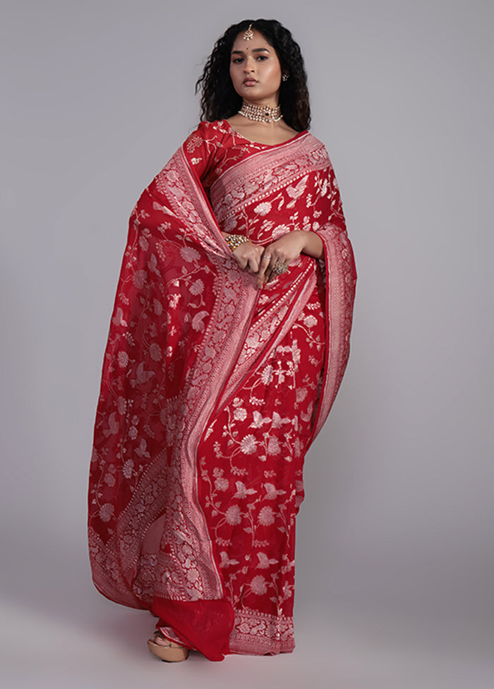 Red Handloom Pure Khaddi Georgette Saree With Blouse Piece