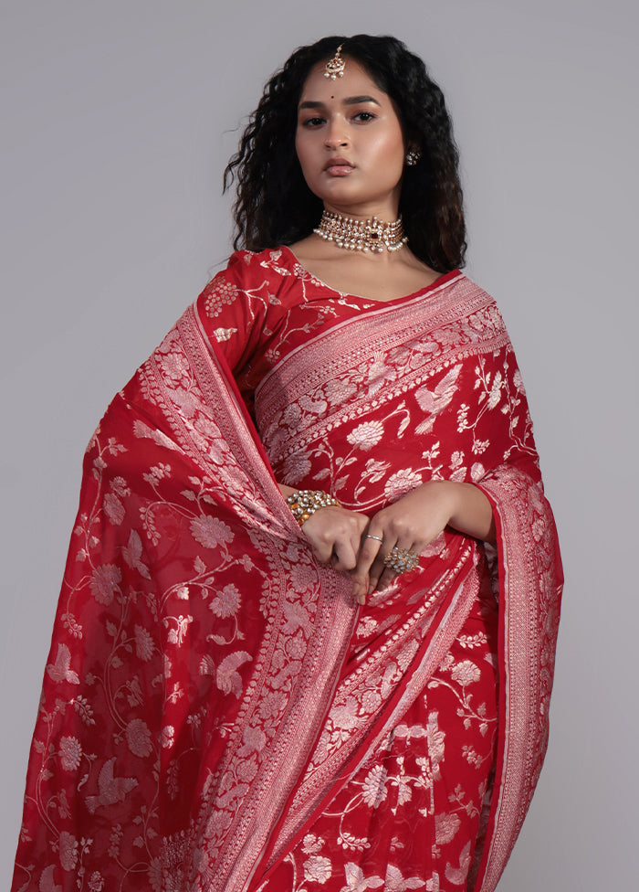 Red Handloom Pure Khaddi Georgette Saree With Blouse Piece