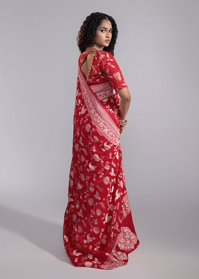 Red Handloom Pure Khaddi Georgette Saree With Blouse Piece