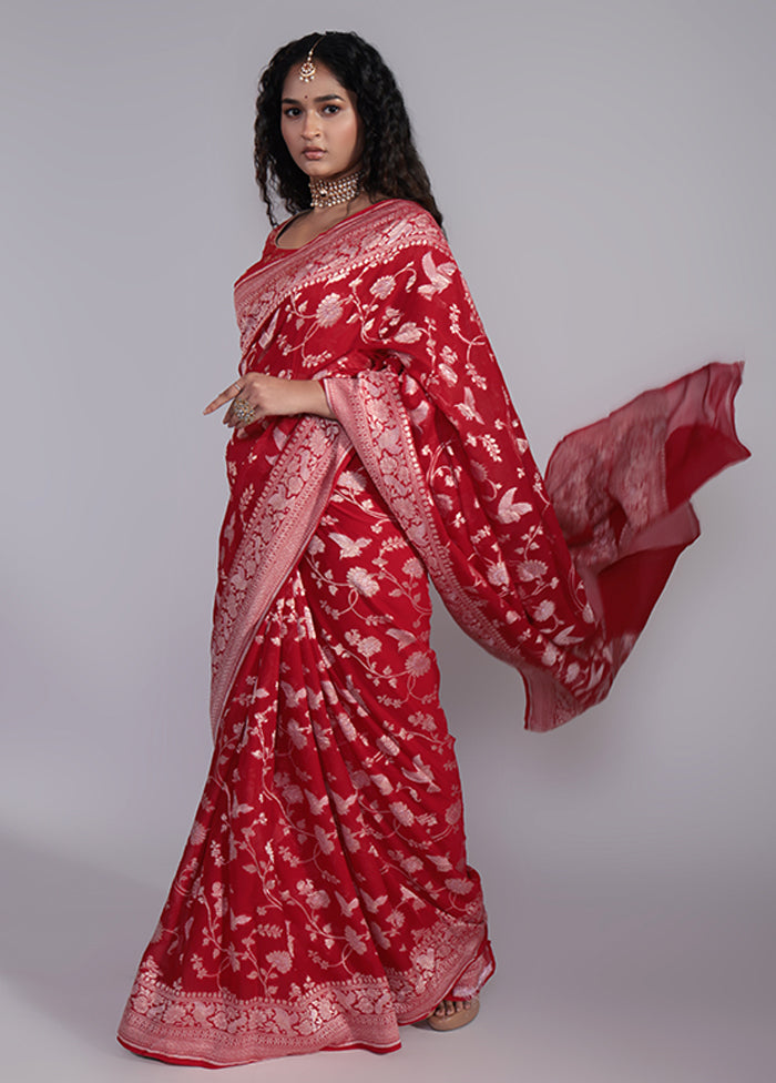 Red Handloom Pure Khaddi Georgette Saree With Blouse Piece