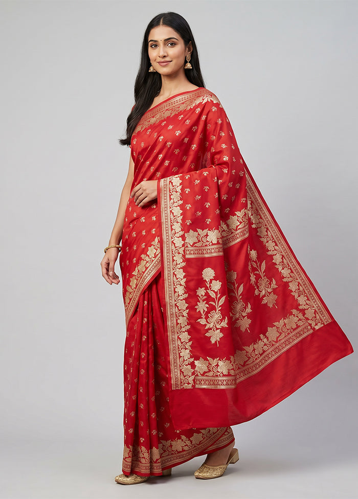 Red Banarasi Silk Saree With Blouse Piece