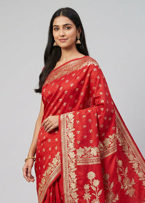Red Banarasi Silk Saree With Blouse Piece