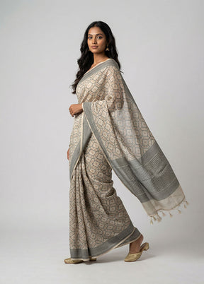 Cream Kora Silk Saree With Blouse Piece