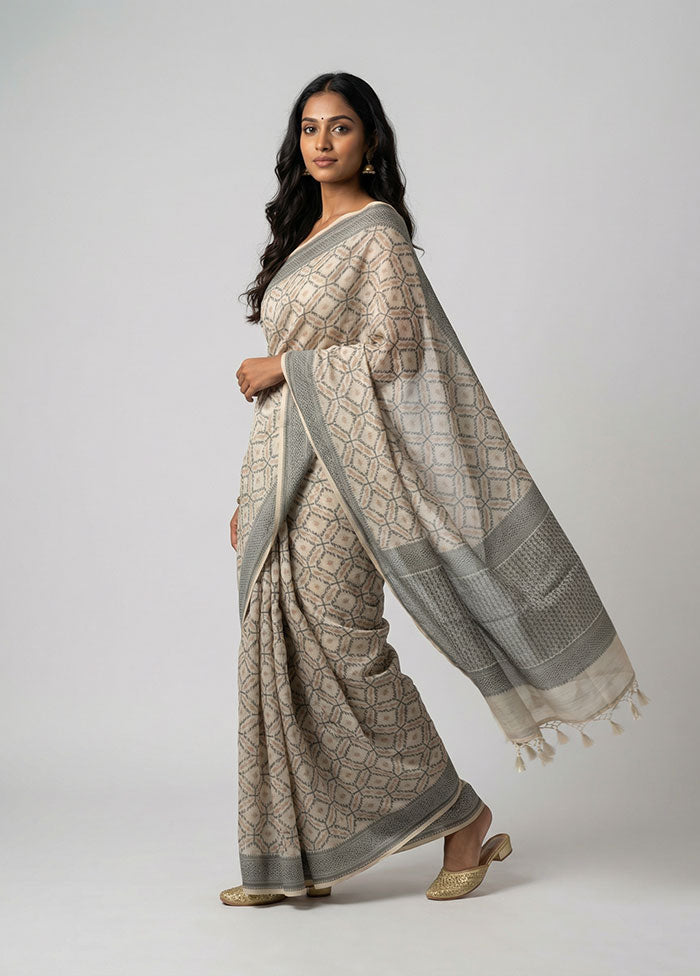 Cream Kora Silk Saree With Blouse Piece