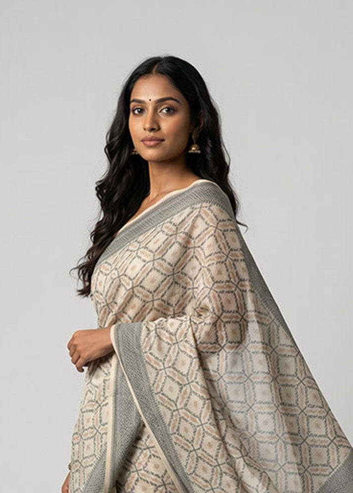 Cream Kora Silk Saree With Blouse Piece