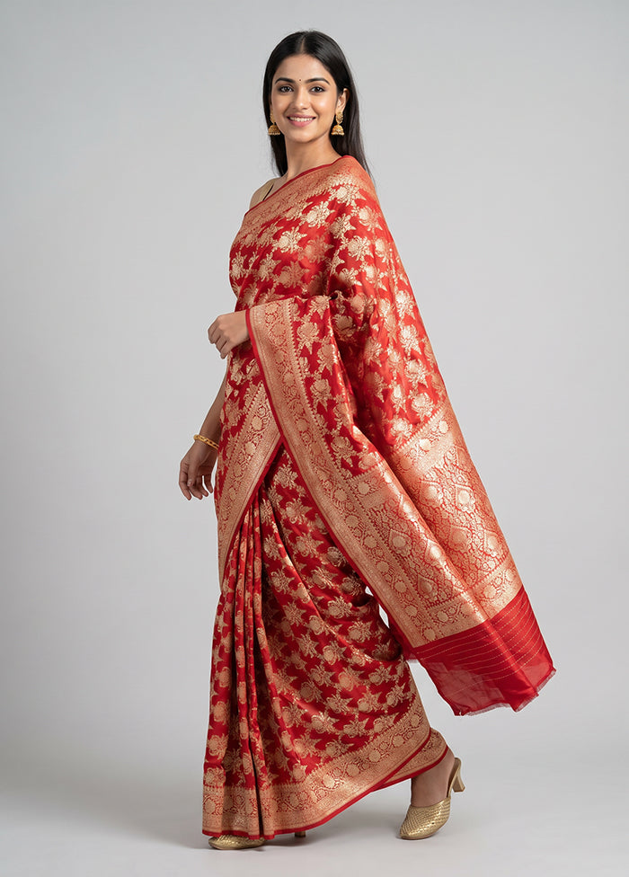 Red Handloom Katan Pure Silk Saree With Blouse Piece