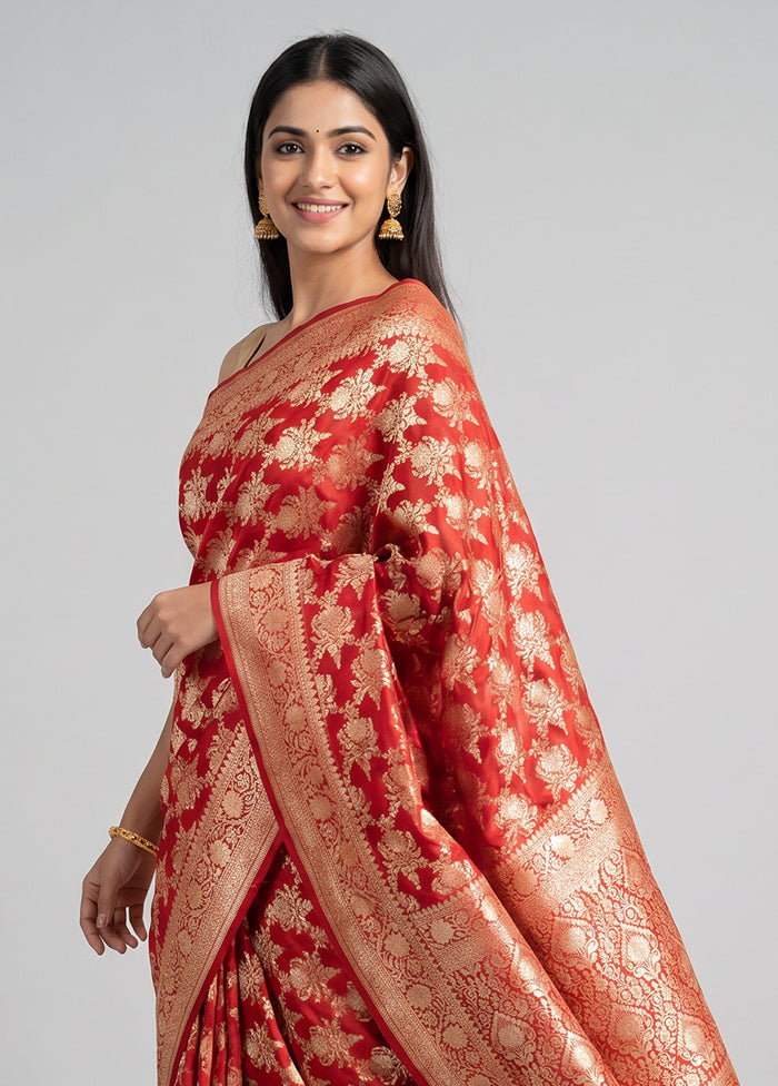 Red Handloom Katan Pure Silk Saree With Blouse Piece