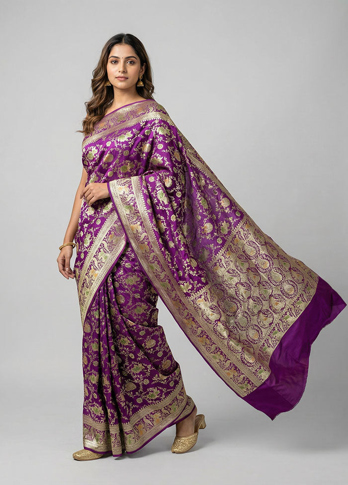 Purple Handloom Banarasi Pure Silk Saree With Blouse Piece
