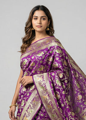 Purple Handloom Banarasi Pure Silk Saree With Blouse Piece