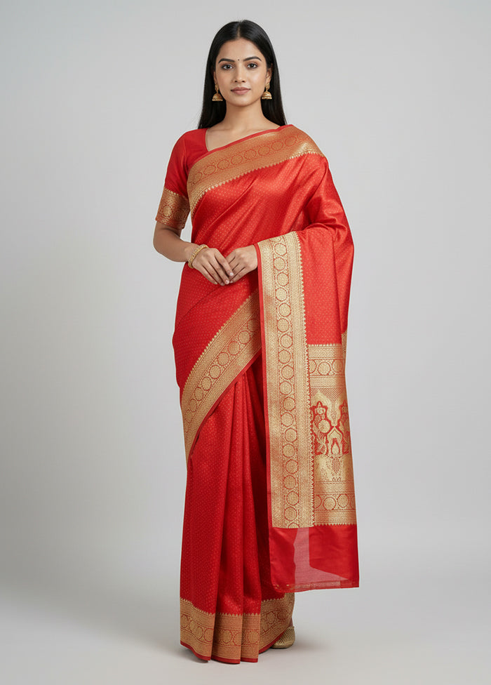 Red Handloom Banarasi Pure Silk Saree With Blouse Piece