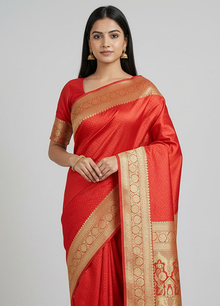 Red Handloom Banarasi Pure Silk Saree With Blouse Piece