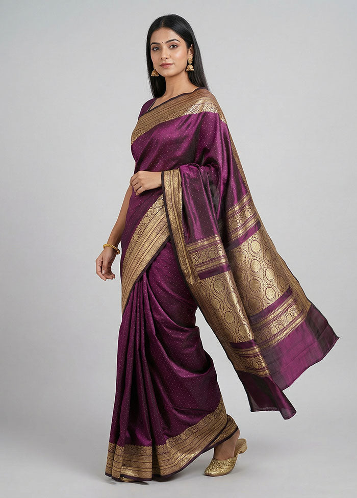 Purple Handloom Banarasi Pure Silk Saree With Blouse Piece